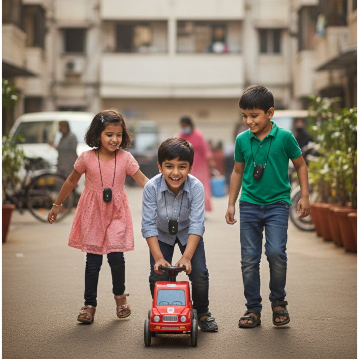 Three children playing with a toy car in an urban setting. 