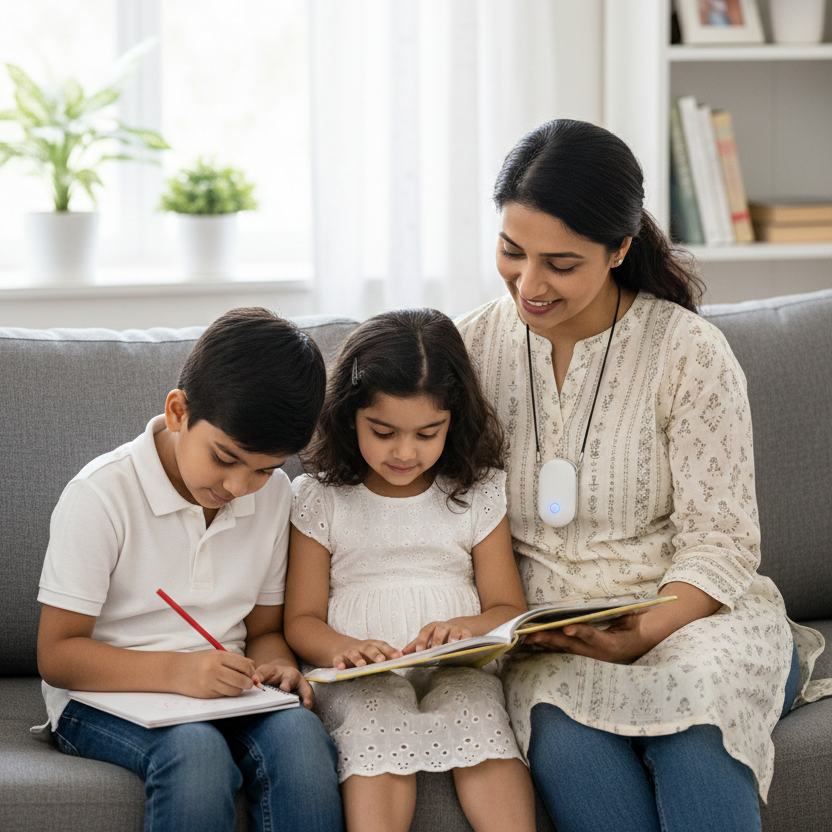 Woman and two children sitting on a couch, reading a book together in a bright living room. The woman is wearing a personal air purifier around her neck.
